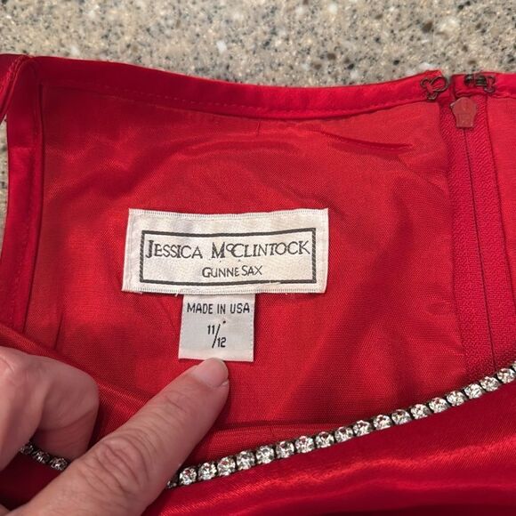 JESSICA MCCLINTOCK GUNNE SAX Vintage 90s Red Satin Rhinestone Mini Dress - Picture 4 of 15